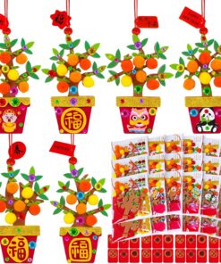 Winlyn 24 Sets Chinese New Year Decorations DIY Potted Orange Tree Money Tree Ornaments Craft Kits Foam Stickers Arts Crafts for Kids 2026 Horse Year Classroom Activities Party Favors Gift Exchange