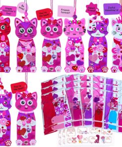 Winlyn 24 Sets Valentine's Day Cat Ornaments Decorations DIY Valentine Kitten Craft Kits Foam Bookmark with Heart Cat Valentine Stickers for Kids School Classroom Activities Party Favors Gift Exchange
