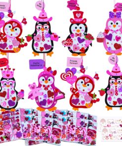 Winlyn 24 Sets Valentine's Day Penguin Ornaments Decorations DIY Valentine Craft Kits Assorted Penguin Shaped with Heart Valentine Stickers for Kids Valentine Classroom Activities Gift Exchange