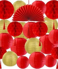 Winlyn 22 Pcs Chinese Lunar New Year Party Decorations Oriental Hanging Fans Red Gold Round Paper Lanterns Honeycomb Balls for Asian Chinese Vietnamese Tet The Year of Horse Home Wedding 2026 Decor
