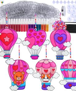 Winlyn 24 Sets Heart Hot Air Balloon Suncatchers Ornaments Decorations DIY Window Paint Art Craft Kits Sun Catcher Painting Kit for Kids Valentine's Day Classroom Activities Party Favors Gift Exchange