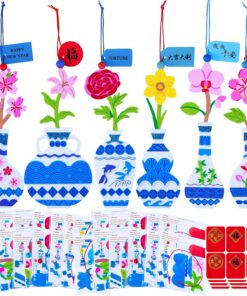 Winlyn 24 Sets Chinese New Year Decorations DIY Ming Vase with Flower Ornaments Craft Kits Peony Orchid Flower Foam Stickers Arts and Crafts for Kids Asian Oriental Classroom Activities Party Favors