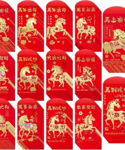 Winlyn 120 Pcs 12 Designs Chinese New Year Red Envelopes Bulk Lucky Money Pockets Hong Bao Lai See Red Packets Lucky Cash Envelopes for Asian Vietnamese Chinese Lunar New Year 2026 Year of the Horse