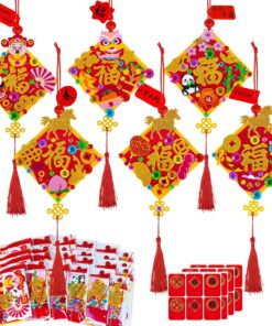 Winlyn 24 Sets Chinese New Year Decorations DIY 3D Fu Good Luck Knot Tassel Ornaments Craft Kits for Kids Asian Lunar New Year 2026 Year of The Horse Classroom Activities Party Favors Gift Exchange