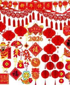 Winlyn Chinese Lunar New Year Party Decorations Oriental Red Lanterns Good Luck Garlands Hanging Festive Ornaments Party Swirls New Year Banner Honeycomb Balls for Asian Horse Year Wedding 2026 Decor
