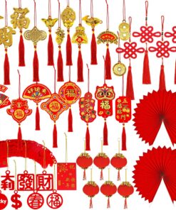Winlyn 106 Pcs Chinese New Year Decorations Chinese Hanging Good Luck Ornaments Red Lanterns Festive Tree Ornaments Paper Fans for Asian Chinese Lunar New Year 2026 Year of The Horse Party Decor
