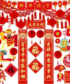 Winlyn Bulk Chinese Lunar New Year Party Decorations Oriental Hanging Red Lanterns Lucky Garland Party Swirls New Year Banner Honeycomb Balls for Asian Vietnamese TET Horse Year Wedding 2026 Decor