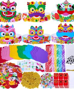 Winlyn 24 Sets Chinese New Year Craft Kits DIY Lion Dance Headband Crafts Lunar New Year Crown Art Sets Festive Foam Stickers Arts and Crafts for Kids Asian Classroom Activities Party Favors