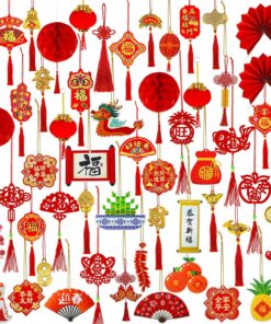 Winlyn 166 Pcs Chinese Lunar New Year Ornaments Hanging Good Luck Ornaments Red Lanterns Knots Tassels Festival Tree Decorations Paper Fans for Asian New Year 2026 Horse Vietnamese TET Party Decor