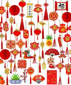 Winlyn 128 Pcs Chinese Lunar New Year Ornaments Hanging Good Luck Fortune Ornaments Red Lanterns Lucky Knot Tassels Festival Tree Decor for Asian Vietnamese TET 2026 Horse Year Party Decorations