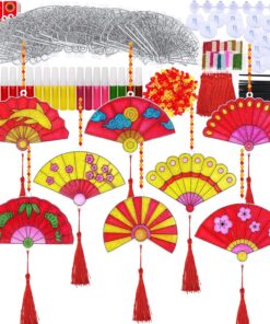 Winlyn 24 Sets Chinese New Year Decorations DIY Fan Suncatcher Ornaments Craft Kits Fan Painting Kits for Kids Asian Vietnamese Lunar New Year 2026 Year of the Horse Classroom Activities Party Favors
