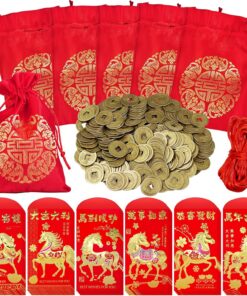 Supla 300 Pcs Chinese Lucky Coins Decorations Feng Shui Coins Fortune Coins Good Luck Coins Lucky Bag Hong bao for Asian Chinese Lunar New Year Health Wealth Bracelet Charms 2026 Year of The Horse