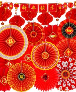 Winlyn 20 Pcs Bulk Chinese Lunar New Year Party Decorations Red Lanterns Oriental Hanging Lucky Paper Fans New Year Banner for Asian Vietnamese TET The Year of Horse Festival Wedding 2026 Decor