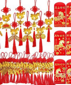 Winlyn 24 Pcs Chinese Lunar New Year Good Luck Fortune Ornaments Decorations Red Chinese Knot Tassel Ornaments and 24 Pcs Red Envelopes for Wealth Health Success Oriental Asian 2026 Year of The Horse