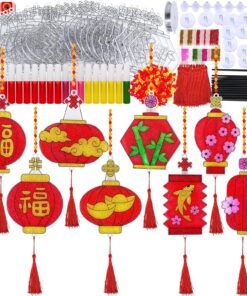 Winlyn 24 Sets Chinese New Year Decorations DIY Lantern Suncatcher Ornaments Craft Kits Red Lantern Painting Kits for Kids Asian Vietnamese Lunar New Year 2026 Year of the Horse Classroom Activities