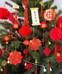 Alternative view of Winlyn Chinese Lunar New Year Party Decorations Red Lanterns Paper Fans Oriental Lucky Garland Hanging Tree Good Luck Ornaments Hong Bao Fortune Coins for Asian 2026 Horse Year Festival Wedding Decor