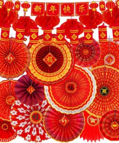 Winlyn 22 Pcs Bulk Chinese Lunar New Year Party Decorations Red Lanterns Oriental Hanging Good Luck Paper Fans New Year Banner for Asian Vietnamese TET The Year of Horse Festival Wedding 2026 Decor