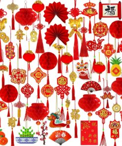 Winlyn 153 Pcs Chinese Lunar New Year Decorations Hanging Good Luck Fortune Ornaments Red Lanterns Lucky Knot Tassels Festival Tree Ornaments for Asian Vietnamese TET 2026 Horse New Year Party Decor