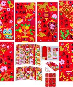 Winlyn 24 Sets Chinese New Year Red Envelopes Craft Kits DIY Lucky Hong Bao Cash Envelopes Crafts Lunar New Year Foam Stickers for Kids Asian 2026 Year of the Horse Classroom Activities Party Favors