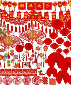 Winlyn Chinese Lunar New Year Party Decorations Red Lanterns Paper Fans Oriental Lucky Garland Hanging Tree Good Luck Ornaments Hong Bao Fortune Coins for Asian 2026 Horse Year Festival Wedding Decor