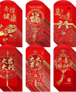 Winlyn 120 Pcs 6 Designs Asian Red Envelopes Chinese Lucky Hong Bao Lucky Money Envelopes Lucky Red Packets Lai See Cash Envelopes for Oriental Chinese Lunar New Year Birthday 2026 Year of the Horse