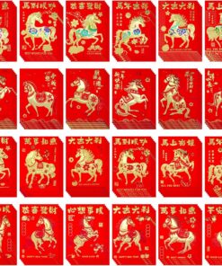 Supla 120 Pcs 24 Designs Chinese New Year Red Envelopes Bulk Lucky Money Pockets Hong Bao Lai See Red Packets Lucky Cash Envelopes for Asian Vietnamese Chinese Lunar New Year 2026 Year of the Horse