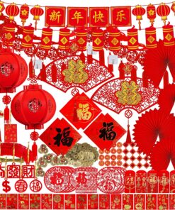 Winlyn Chinese New Year Party Decorations Red Lanterns Paper Fans Red Envelopes Hong Bao Coins Oriental Lucky Garland Chinese Knot Tassel FU Character Paper Cutting for Asian Lunar New Year 2026 Decor