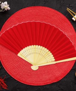 Alternative view of Winlyn 12 Sets Red Silk Hand Fans Chinese Handheld Silk Fans Bamboo Folding Fans Oriental Hand Fans with Bags for Asian Chinese Lunar New Year Party Favors Gift Dance Wedding Festival Holiday Decor
