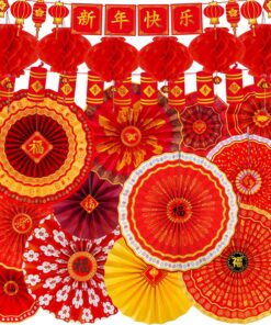 Winlyn 21 Pcs Bulk Chinese Lunar New Year Party Decorations Red Lanterns Oriental Hanging Good Luck Paper Fans New Year Banner for Asian Vietnamese TET The Year of Horse Festival Wedding 2026 Decor