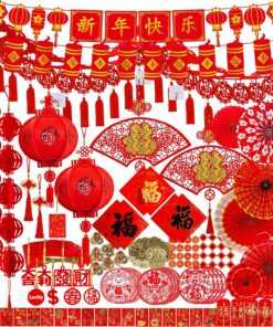 Winlyn Chinese New Year Party Decorations Red Lanterns Paper Fans Red Envelopes Hong Bao Coins Oriental Good Luck Garland Chinese Knot Tassel FU Paper Cutting for Asian Lunar New Year 2026 Decor