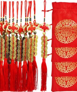 16 Pcs Chinese Lucky Coins Decorations Feng Shui Coins Ornaments Hanging Good Fortune Coins Ornaments Red Chinese Knot Luck Charm and fu Bags for Wealth Health Success Asian Chinese Lunar New Year